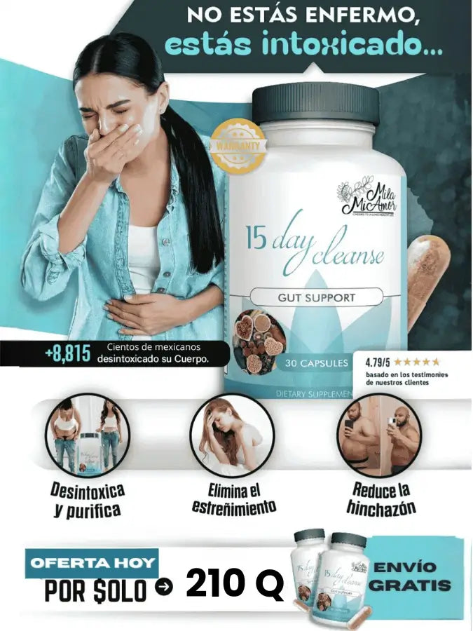 Cleanse de 15 días - Soporte de intestino y colon | Cafeína gratis | Fórmula avanzada con Senna, Cascara Sagrada y Psyllium Husk  | 30 cápsulas